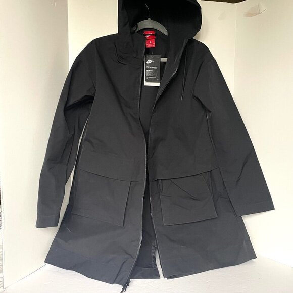 Nike Hooded Parka Jacket Women’s Small Black Water Resistant Packable Midi Coat - Picture 2 of 11